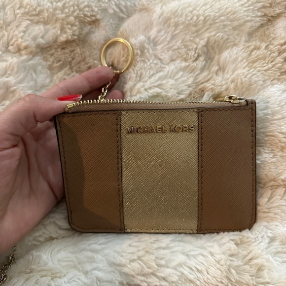 Michael Kors Women's Center Stripe MK TZ Coin Pouch Wallet DK Khaki Gold Leather - Picture 4 of 9